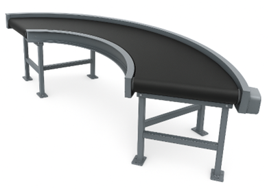 Curved belt conveyor for smooth industrial material flow
